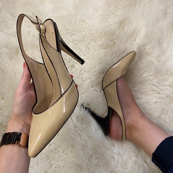 Nude with Black Trim “Lydia” Slingback Pumps - Picture 1 of 11